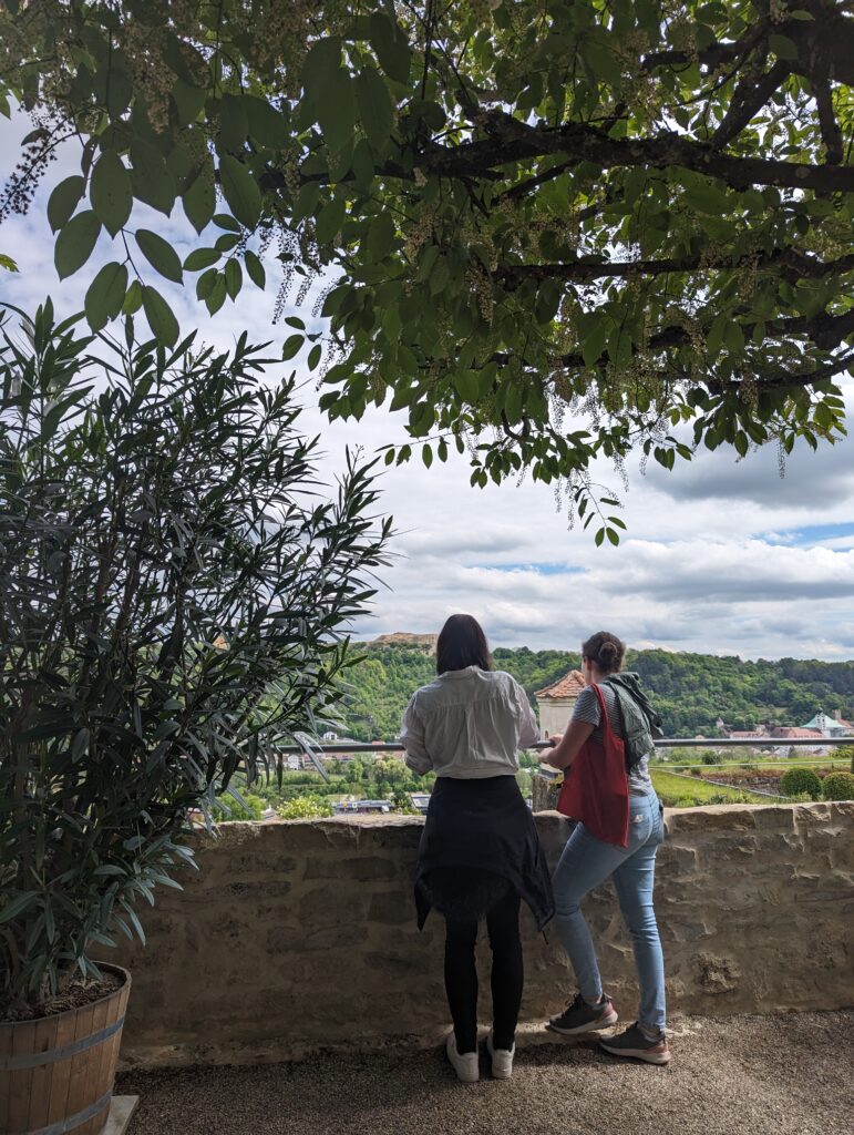 Stone terrace with two visitors looking