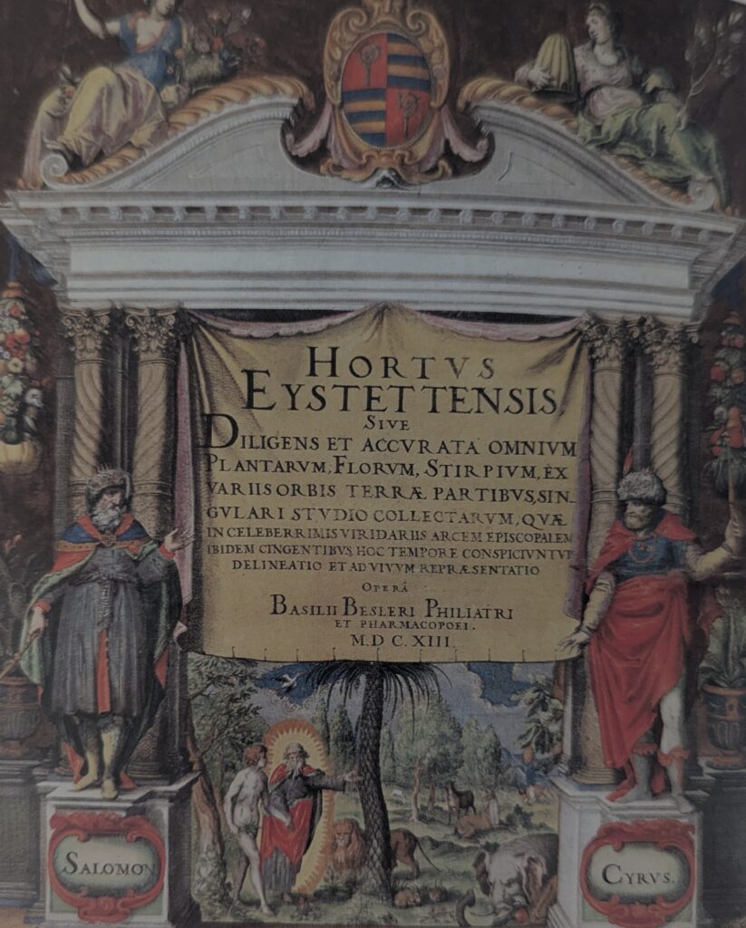 The Front Cover of the book Hortus Eystettensis. It shows architectural staffage and the Title. Surrounded by people and nature.